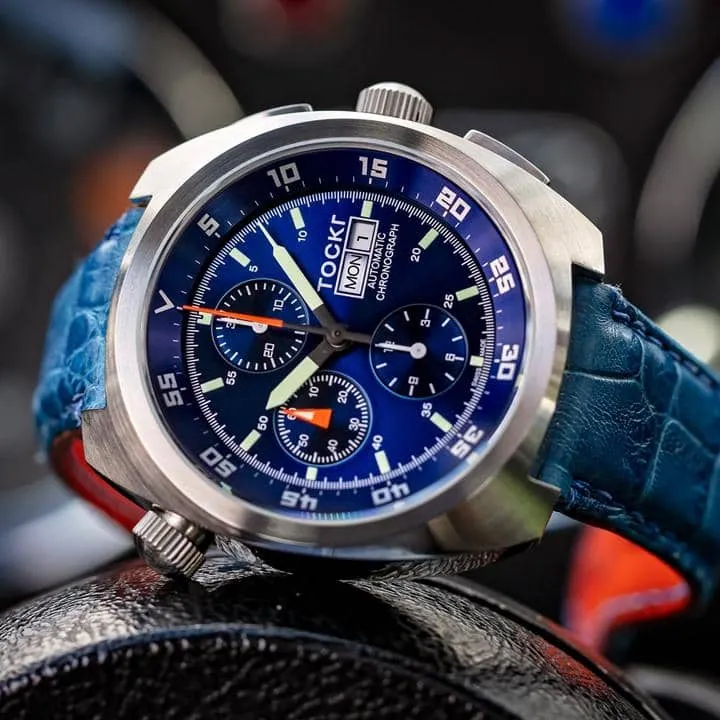Tockr Chronograph 4447 orologio automatico blu pelle 45mm