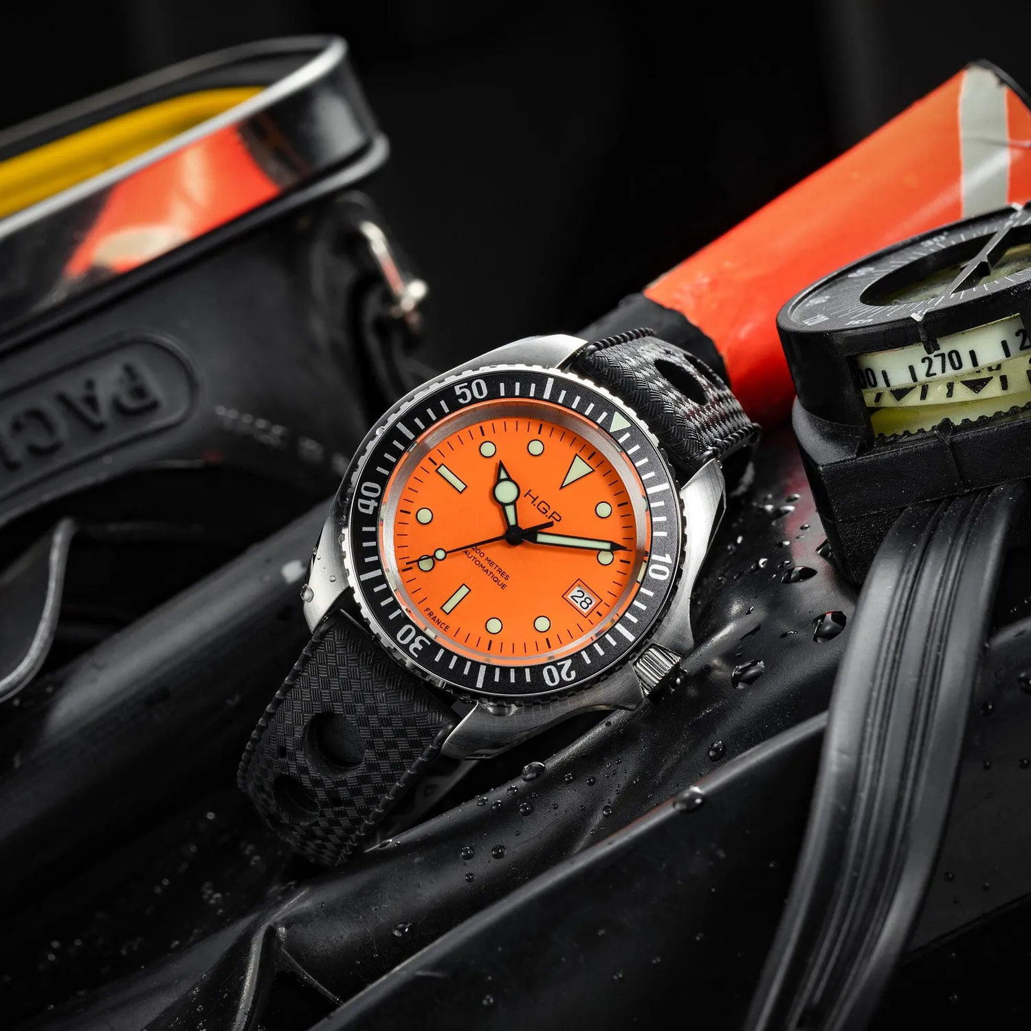 H.G.P. Diver 200M Automatic arancione orologio subacqueo gomma nera