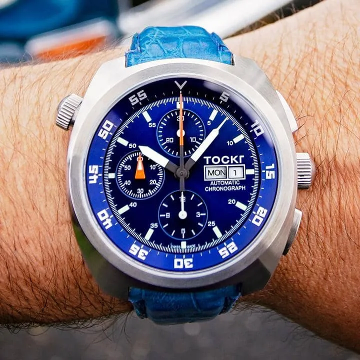 Tockr Chronograph 4447 orologio automatico blu pelle 45mm