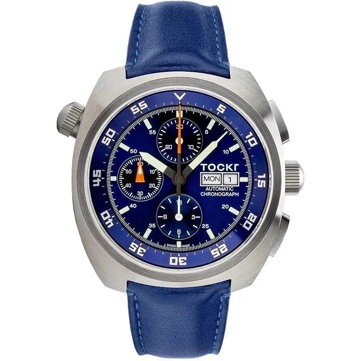 Tockr Chronograph 4447 orologio automatico blu pelle 45mm